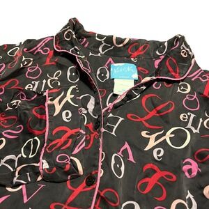 Nick and Nora Sleepwear Women's XXLarge Silk Pajama Top Black Print Pink Trim